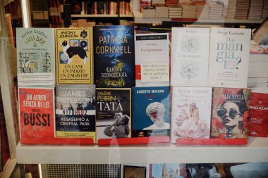 Cremona, İtalya - 24 Aralık 2024 Renkli kitap kapakları bir kitapçının vitrininde sergilendi, potansiyel okuyucular için davet edici bir tarayıcı deneyimi yarattı