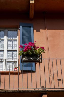 Canlı bir cazibe çiçek açıyor. Çiçeklerle süslenmiş pitoresk bir balkon. Şehir doğasının cazibesini sergiliyor.