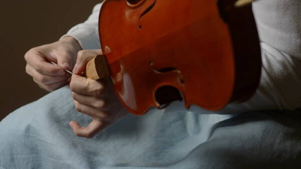 Luthier working diligently in a workshop, carefully assembling violin parts with specialized tools and techniques, showcasing craftsmanship and dedication to the art of instrument making