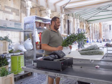 Cremona, İtalya - 15 Temmuz 2025 Arkadaş canlısı bir tedarikçi Kuzey İtalya 'nın Lombardiya Bölgesi' ndeki bir açık hava pazarında taze yeşillik sundu