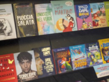 Milan, İtalya 14 Ağustos 2025 'te İtalya' nın Milano kentinde çocuk kitaplarından romanlara kadar çeşitli başlık ve türleri gösteren bir kitapçıda birçok renkli kitap sergileniyor.