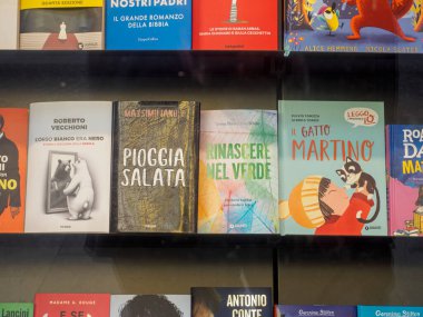 Milan, İtalya 14 Ağustos 2025 farklı başlık ve yazarlara sahip renkli kitaplar İtalya 'nın Milano kentindeki bir kitapçıda satışa sunuldu.