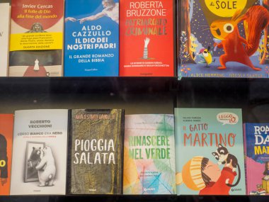 Milan, İtalya 14 Ağustos 2025 Milano kitapçısındaki ahşap rafları dolduran renkli kitaplar, çeşitli edebi türleri canlı dikenler ve okuyucular için cazip başlıklar sergiliyor