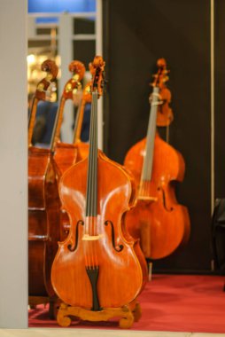 Cremona, İtalya - 26 Eylül 2025 'te Cremona Musica Uluslararası El Sanatları Sergisi' nde el yapımı çift baslar ve çellolar sergilendi