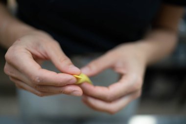 Close up of skilled hands expertly folding delicate fresh pasta dough to create perfectly shaped tortellini for a gourmet culinary creation with intricate detailing and artisanal craftsmanship