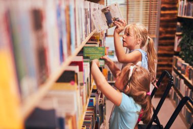 Okul kütüphanesinde kitap arayan liseli kızlar. Belirlenmiş kitapları seçen öğrenciler. İlköğretim. Ev ödevi. Kitaplardan öğreniyorum. Okula geri dön.