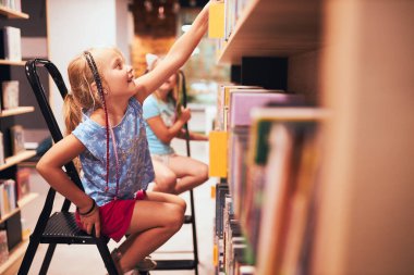 Okul kütüphanesinde kitap arayan liseli kızlar. Öğrenciler kitap seçiyor. İlköğretim. Ev ödevi. Kitaplardan öğreniyorum. Okula geri dön.
