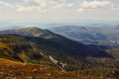 Dağ manzarası. Çim ve ağaçlarla kaplı dağ tepeleri, yamaçlar, tepeler ve vadilerin manzarası. Panoramik manzara. Doğal bir manzara. Güzel arkaplan