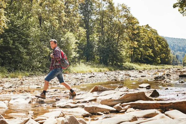 Trekking Backpack Concept Image Backpacker Wearing Trekking Boots Crossing Mountain — Stock Photo, Image