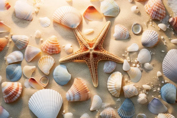 Summer Background Sea Shells Starfish Beach Summer Vacation Concept Collection — Stock Photo, Image