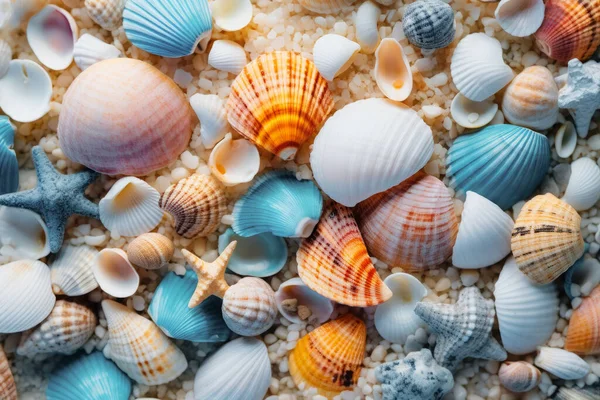 Літній Фон Морські Мушлі Пляжі Концепція Літніх Канікул Колекція Різнокольорових Стокова Картинка