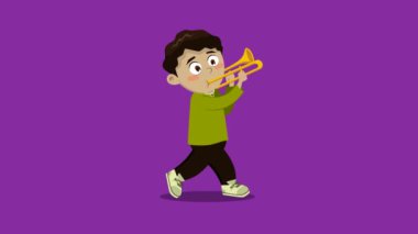 Trombonla yürüyen bir çocuk. Müzik geçit töreni çizgi film karakteri animasyonu