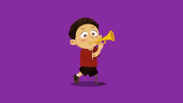 Boy Walking Trumpet Animation Music Parade Cartoon Character — Stock Video