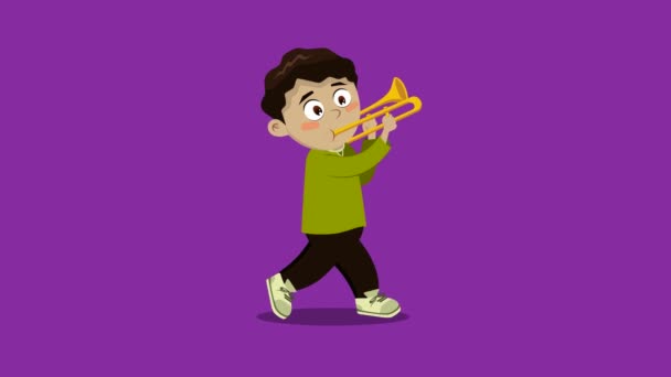 Boy Walking Trombone Animation Music Parade Cartoon Character — Stock Video