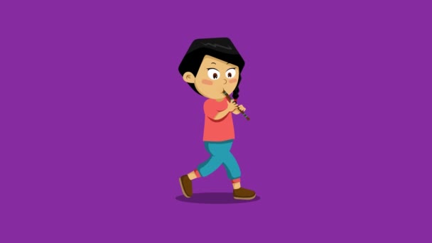 Girl Walking Flute Animation Music Parade Cartoon Character — Stock Video
