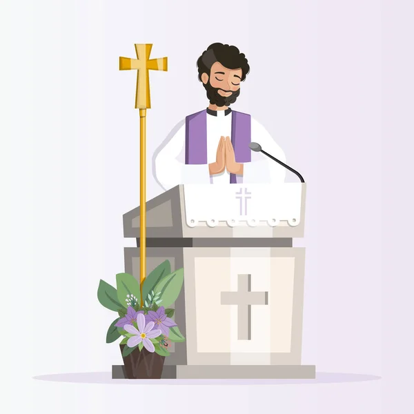 Prêtre Derrière Lutrin Église Avec Prédication Étole Violette Pendant Messe — Image vectorielle