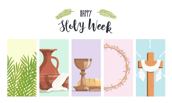 Holy Week Banner Palm Branches Washing Feet Last Supper Crown — Image vectorielle