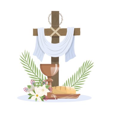 Holy Week. Cross, Crown of thorns, the white cloth, Palm Sunday and Maundy Thursday clipart