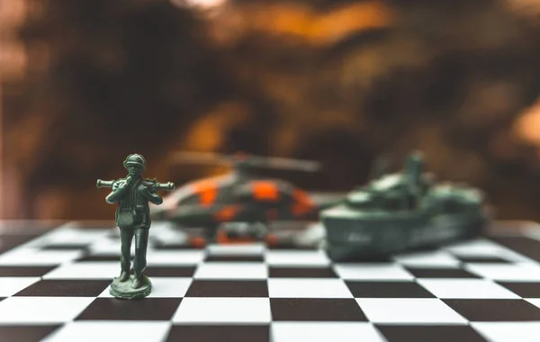 stock image military chess on a chessboard. business ideas and competition and strategy Ukraine and Russia for political conflict and war concept