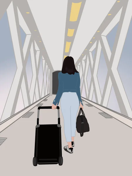 İş kadını elinde bavul ve pasaportla havaalanı uçuş biletleriyle seyahat ediyor. Yaz tatili seyahati Uçmak, mutlu konsept