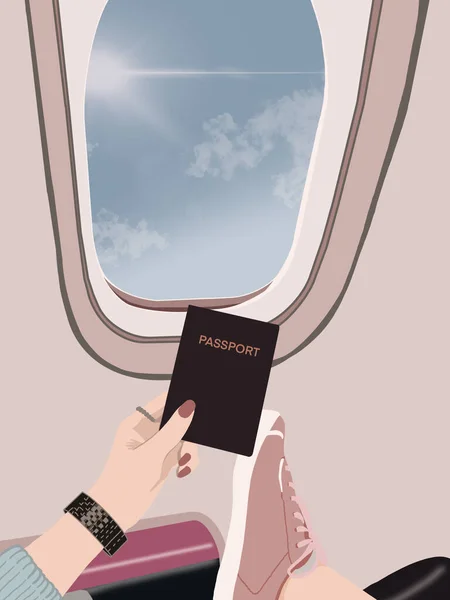 Uçağın camında pasaport, seyahat konsepti. 