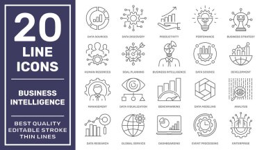 İş zekası simgeleri ayarlandı. İş İstihbarat araçları. Farklı türde BI aletleri. Düzenlenebilir Vuruş. EPS 10