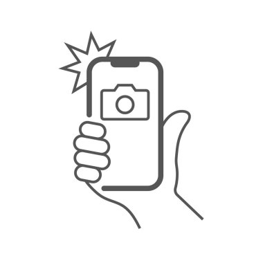 Akıllı telefondaki fotoğraf flaş, el akıllı telefonu tutuyor ve fotoğraf çekiyor. Kamera görüntüleyici, el ve flaş. EPS 10.