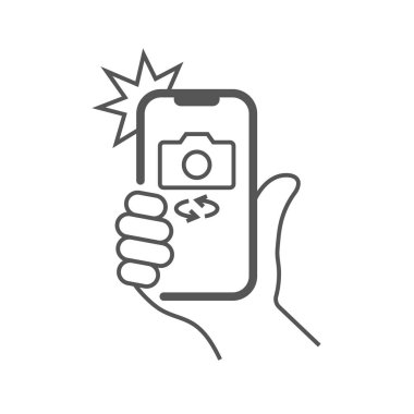 Akıllı telefondaki fotoğraf flaş, el akıllı telefonu tutuyor ve fotoğraf çekiyor. Kamera görüntüleyici, el ve flaş. EPS 10.