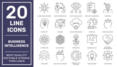 İş zekası, iş analizleri ve anahtar performans göstergeleri ayarlandı. Düzenlenebilir Vuruş. EPS 10.