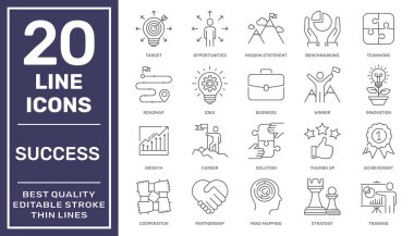 Başarı simgesi ayarlandı. Başarılı iş geliştirme, planlama ve işleme sembolü. Katı simge vektör koleksiyonu. Düzenlenebilir Vuruş. EPS 10.