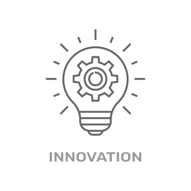 Vektör yenilik simgesi. Ampul ve dişli içeride. Kaliteli grafik tasarım elementi. Modern işaret, doğrusal piktogram, ana hat sembolü, basit ince çizgi simgesi. Düzenlenebilir Vuruş. EPS 10.