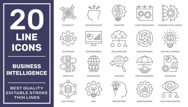Makine öğrenme, veri modelleme, görselleştirme, risk yönetimi ve daha fazlası gibi iş zekası simgeleri. Düzenlenebilir felç. EPS 10.