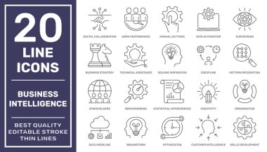 İş İstihbaratı ve İş Yönetimi ana hatları simge seti. Strateji, kriter, beyin fırtınası, veri modelleme, yaratıcılık, istatistik ve benzeri ikonlar içerir. Düzenlenebilir Vuruş. EPS 10.
