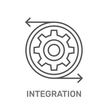 Görüntü, bir çember oluşturan iki okla çevrili bir dişli simgesi gösteriyor, muhtemelen bir teknoloji veya yazılım bağlamında birleşmeyi sembolize ediyor, sistem ve süreçlerin kombinasyonunu temsil ediyor. EPS 10