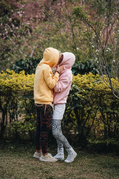 Lesbian Couple Hugging Kissing Sakura Garden — Stock Photo, Image