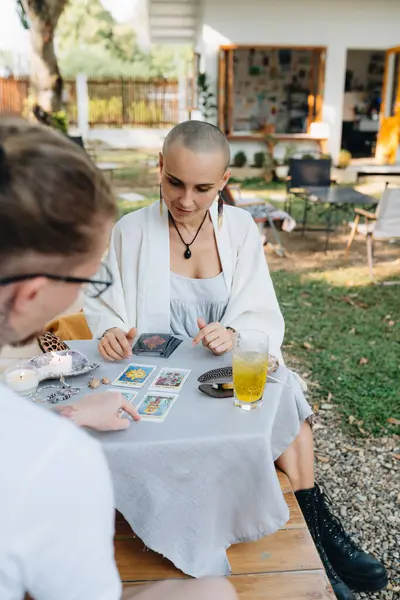 Bald Woman Tarot Reader Has Session Client High Quality Photo Stock Picture