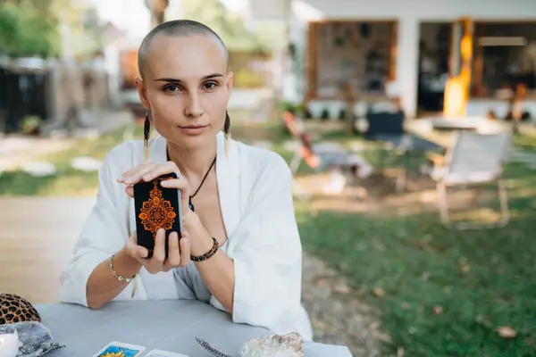 Bald Woman Tarot Reader Has Session Client High Quality Photo Stock Picture