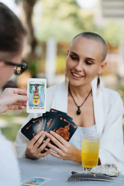 Bald Woman Tarot Reader Has Session Client High Quality Photo Stock Image