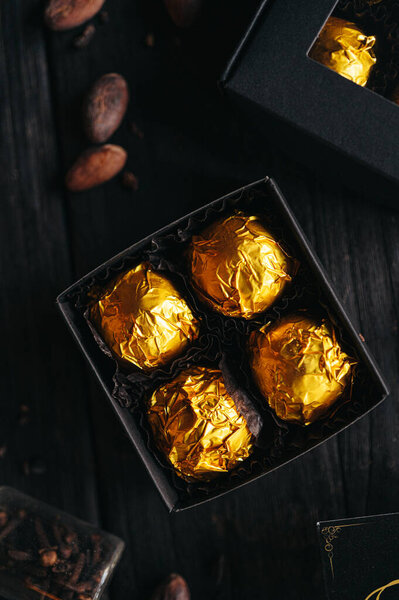 Box Assorted Chocolate Candies Black Background High Quality Photo Stock Photo