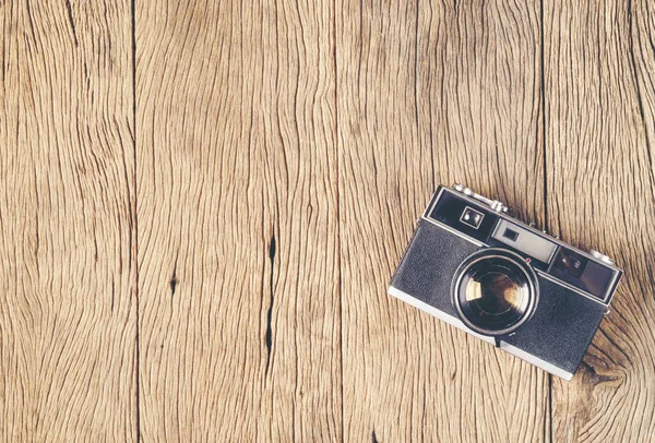 Câmera Filme Antigo Vintage Placa Madeira Com Espaço Cópia — Fotografia de Stock
