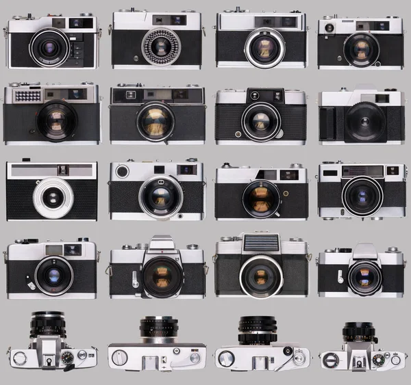 Vintage Oude Film Camera Collectie Geïsoleerd Grijze Achtergrond — Stockfoto
