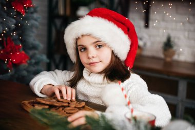 Mutlu Noeller ve mutlu tatiller. Zencefilli kurabiye yiyen tatlı bir kız çocuğu. Küçük çocuk içeride Noel ağacının yanında eğleniyor. Noel ağacının yanında Noel Baba 'yı bekleyen komik kız.