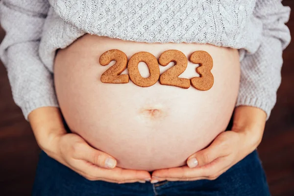 Καλλιεργημένη Φωτογραφία Εγκύου Αριθμό 2023 Μπισκότων Τζίντζερ Στην Κοιλιά Άνθρωποι — Φωτογραφία Αρχείου