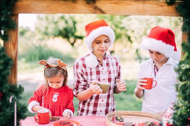 Mutlu çocuklar Noel için hazırlanıyor. Noel Baba şapkalı iki erkek ve kız dışarıda zencefilli kurabiye yiyip eğleniyorlar. Çocuklar zencefilli kurabiye yapar. Ev yapımı Noel kurabiyeleri. Tatil kavramı