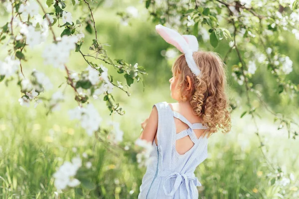 Easter Egg Hunt Girl Child Wearing Bunny Ears Running Pick — Stock Photo, Image
