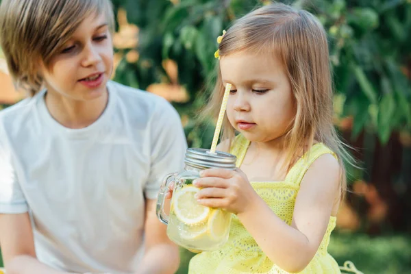 Παιδιά Πίνουν Φυσική Λεμονάδα Στο Περίπτερο Στο Πάρκο Θερινό Δροσιστικό — Φωτογραφία Αρχείου