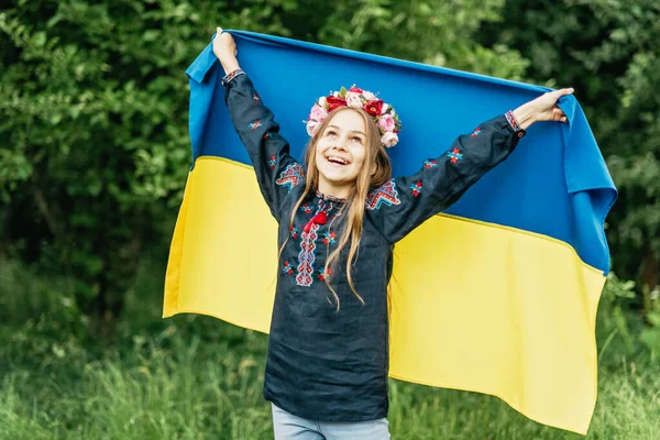 ウクライナ独立記念日 憲法の日だ フィールド内のウクライナの黄色と青のフラグと刺繍シャツVyshyvankaのウクライナの子供の女の子 ウクライナの旗のシンボル キエフ キエフ日 — ストック写真