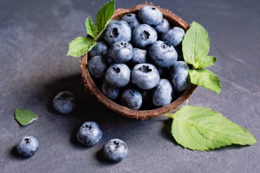Hindistan cevizi kabında koyu arkaplanda taze toplanmış yabanmersini. Sağlıklı organik mevsimlik meyve arka planı. Meyveler yakın plan.