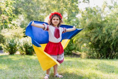 Ukrayna Bağımsızlık Bayrağı Günü. Anayasa günü. Üzerinde Ukrayna 'nın sarı ve mavi bayrağı olan nakışlı tişörtlü çocuk Ukraynalı kız çocuğu. Ukrayna 'nın bayrak sembolleri. Kiev, Kiev günü