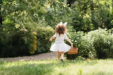 Paskalya yumurtası avı. Bahçede yumurta toplamak için koşan tavşan kulaklı bir kız çocuğu. Paskalya geleneği. Renkli yumurtalarla dolu sepeti olan bebek.